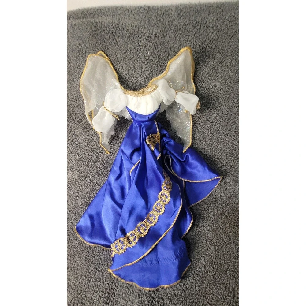 Royal Blue Satin Angel Tree Topper Gold Lace Trim White Wings Holiday Decor